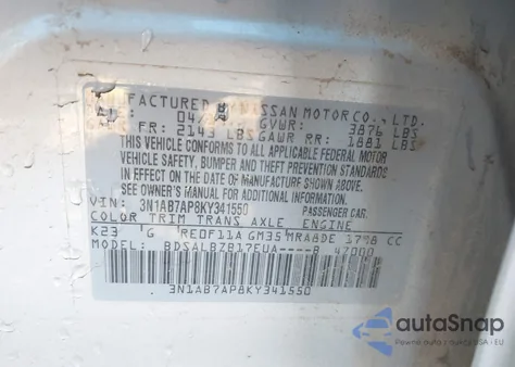 2019 Nissan Sentra S из США, поврежденный, VIN 3N1AB7AP8KY341550